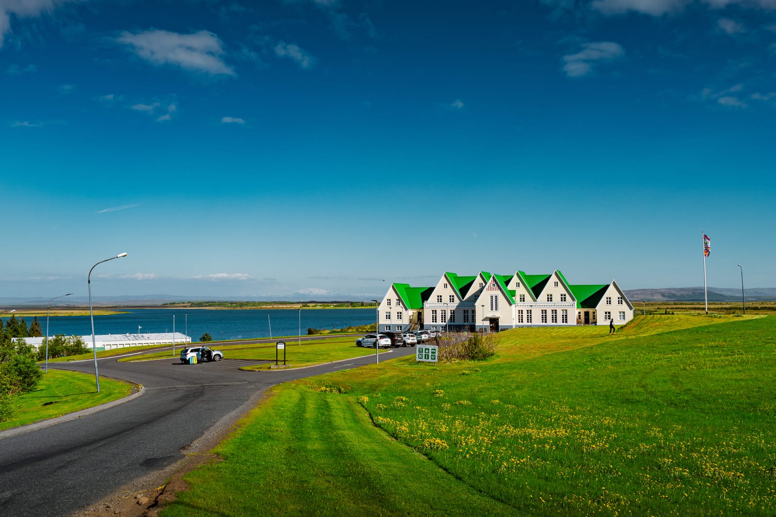White farmhouses with green roofs on a coastal road.